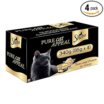 Sheba Premium Wet Food for Adult Cats, Tuna & Prawn in Gravy, 4 Cans (4 x 85g)