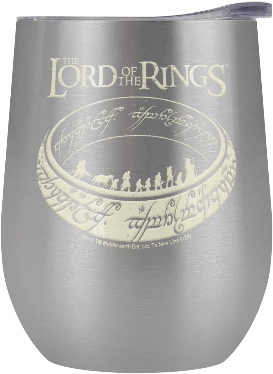 Lord of the Rings OFFICIAL the Journey 12 OZ Stemless Wine Tumbler, Stainless Steel Travel Cup|Lake Tumbler|Insulated with Leak Resistant Slide-Lock Lid, Stainless Steel