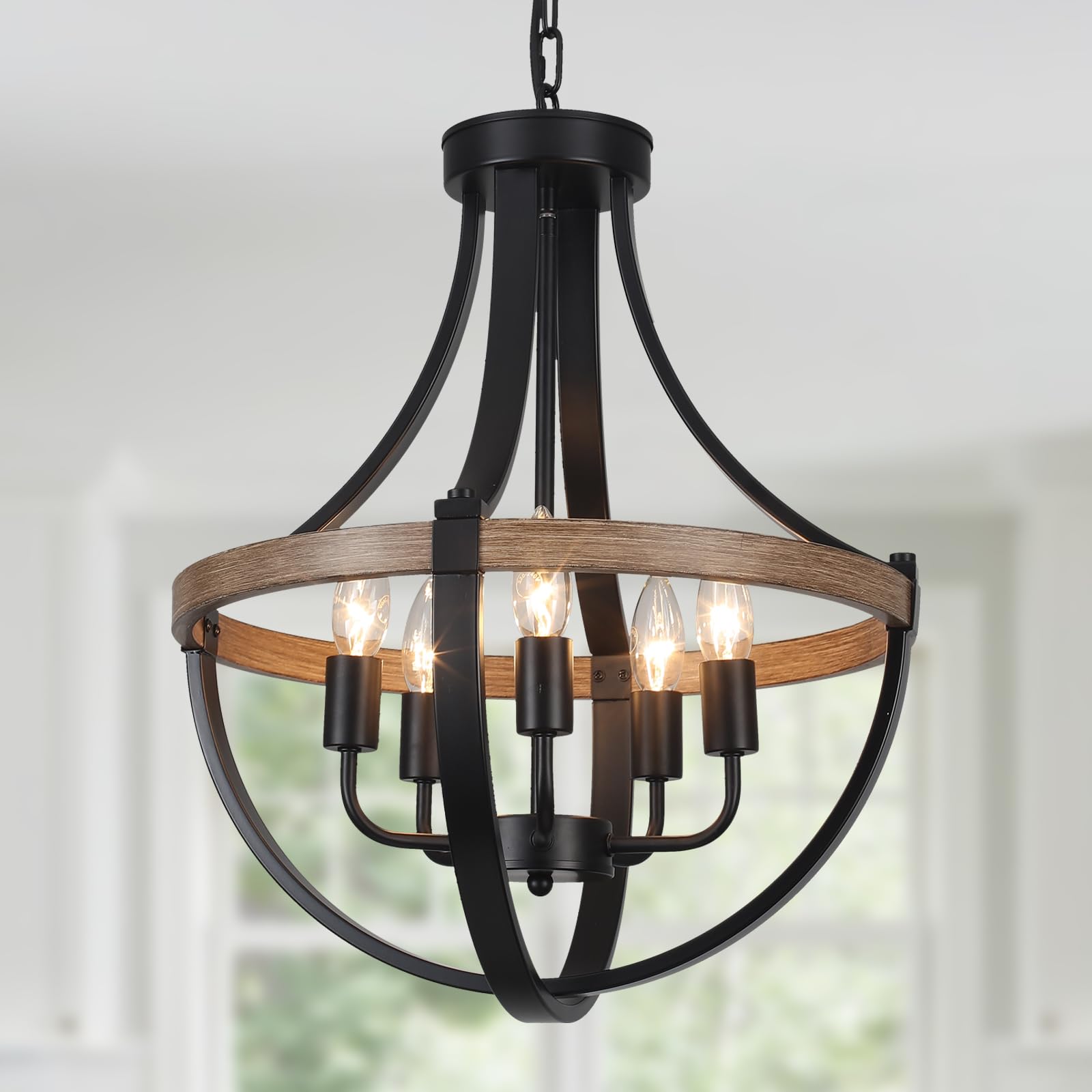 CWarmozy 16.5" Black Wood Texture Rustic Chandelier for Dining Room Adjustable 5-Light Farmhouse Pendant Light Fixture for Kitchen Island Entryway Foyer Bedroom Hallway