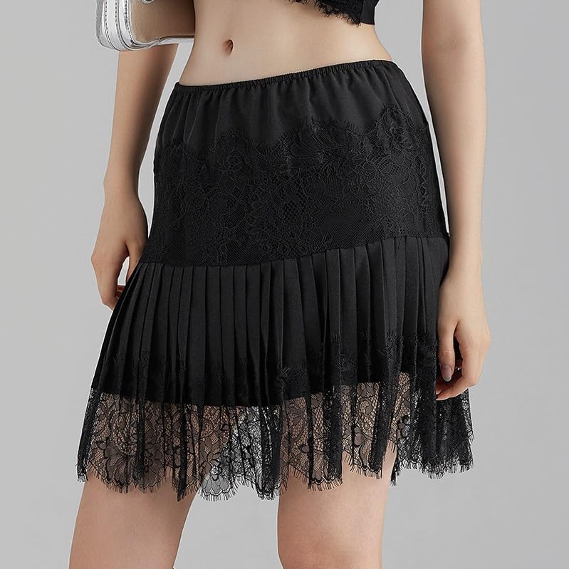 Women Lace Slip Skirt Pleated Flowy Mini Lace Skirts Low Rise Lace Mesh Half Slip Skirt Underskirts - Image 2