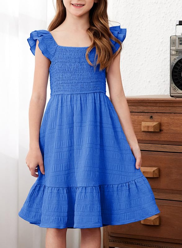 Girls Summer Dresses Cute Double Layer Ruffle Sleeve Smocked Flowy Dress 6-15 Years2