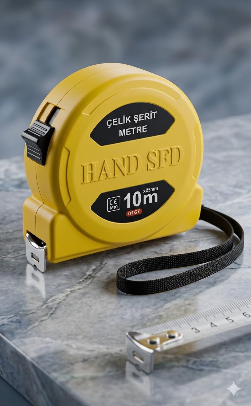 Hand Sfd Çelik Şerit Metre, 10m x 25mm, Sarı, Mavi ve Kırmızı Renk Seçenekleri, Ölçüm Aleti (SARI)