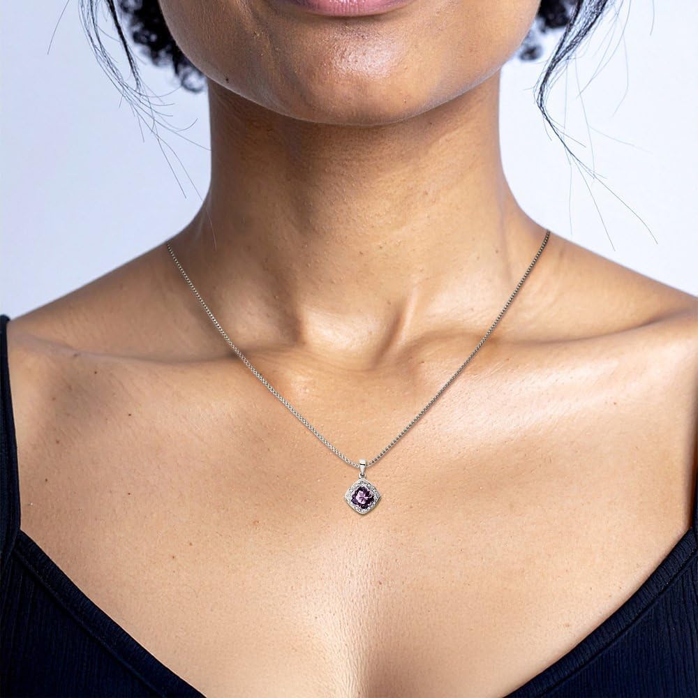 IceCarats 14K Solid White Gold 2 carat Purple Amethyst Diamond Accent Square Medium Pendant Necklace 19.9mm 3/4 inch Cushion Cut, Natural, Prong Set for her
