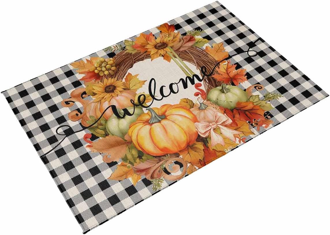 5x8 Outdoor Rug Waterproof for Patio Thanksgiving Holiday Fall Pumpkin,Washable Outdoor Carpet Large Area Rug Burnt Orange Buffalo Plaid Patio Rug for Porch,RV,Picnic,Backyard,Deck,Balcony,Beach