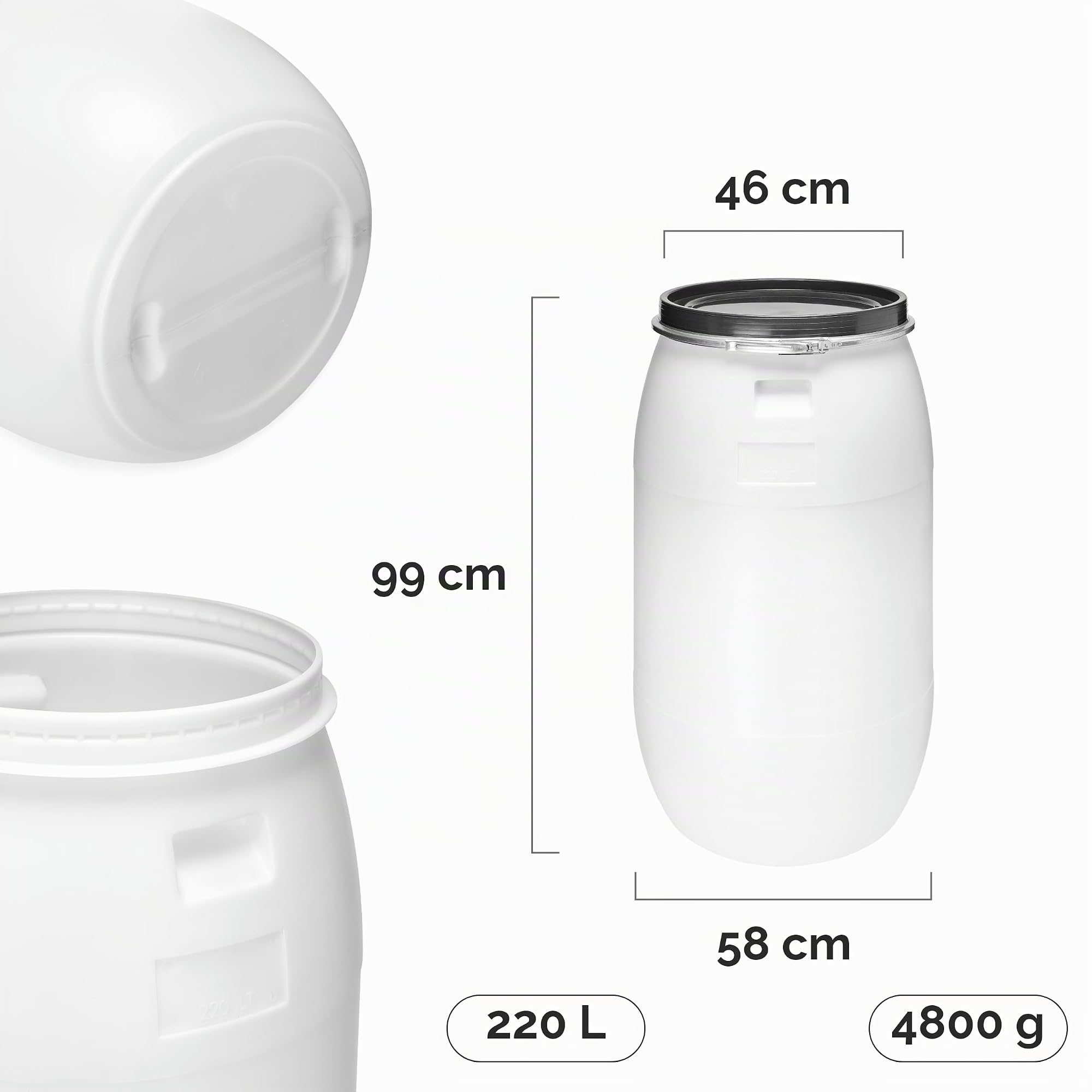 Garronda Set 2X 220 Liter Regentonne mit Deckel Weithalsfass aus HDPE Regenfass für Garten Fass 220l Regenwassertonne Futtertonne Wasserbehälter Universalfass Wasserfass Wassertank GD-0124 Weiß