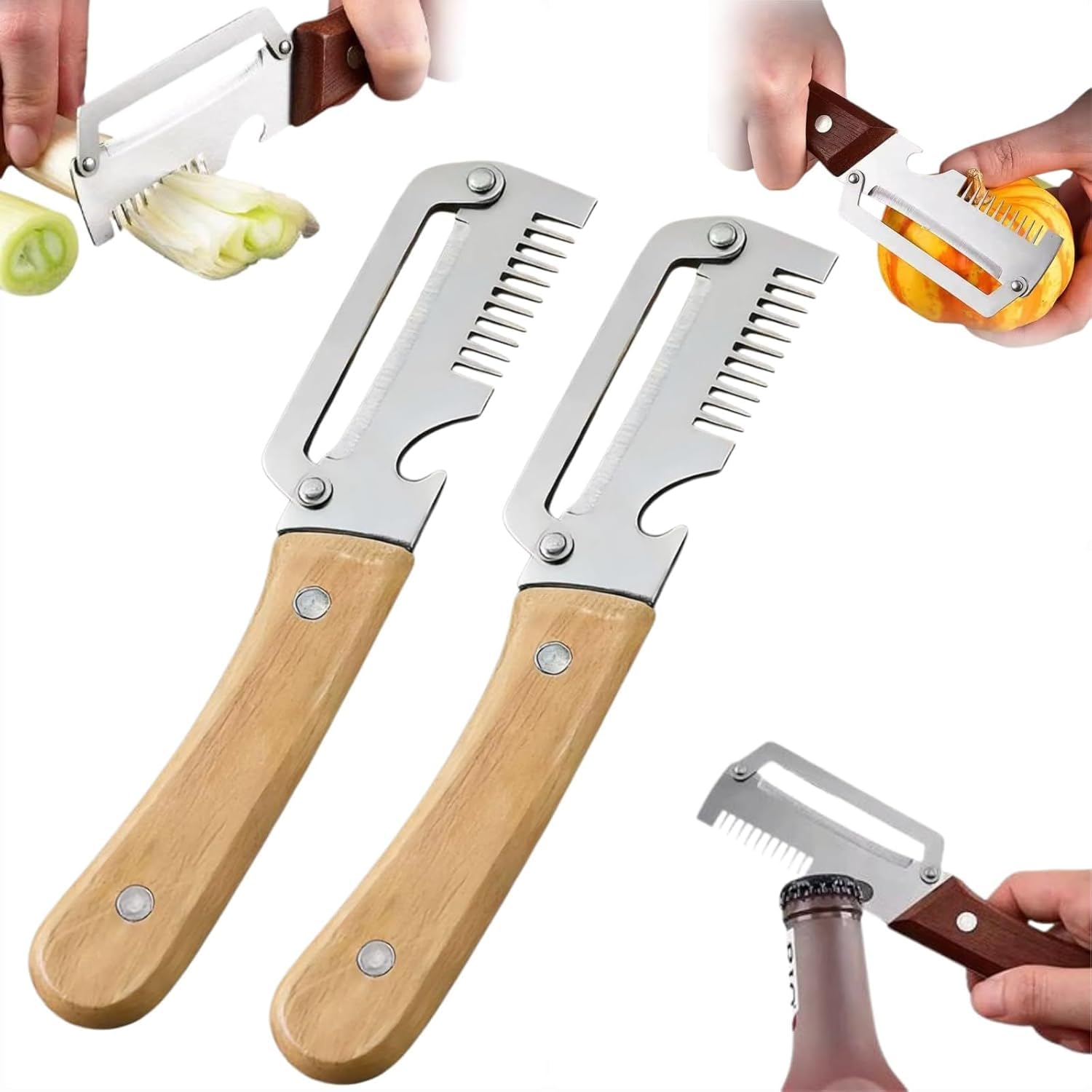 Photo 1 of 2PCS 3-in-1 Multifunctional Vegetable Peeler, Multifunctional Stainless Steel Peeler, Wooden Peeler, with Bottle Opener & Green Onion Comb Teeth, Kitchen Peeling Tool ?