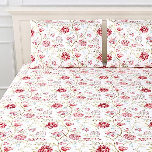 Image of haus & kinder Elastic Fitted Double Size Floral Bedsheets, 186 TC, 100% Cotton Queen Size Elastic Bed Sheet with 2 Pillow Covers-Pink Bedsheet