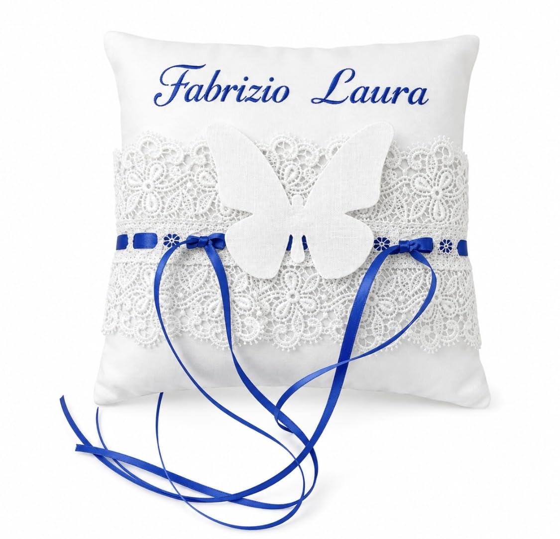 Cuscino Porta Fedi Nuziali Matrimonio Personalizzato con Nomi degli Sposi e Data, Fatto a Mano in Cotone Bianco e Pizzo