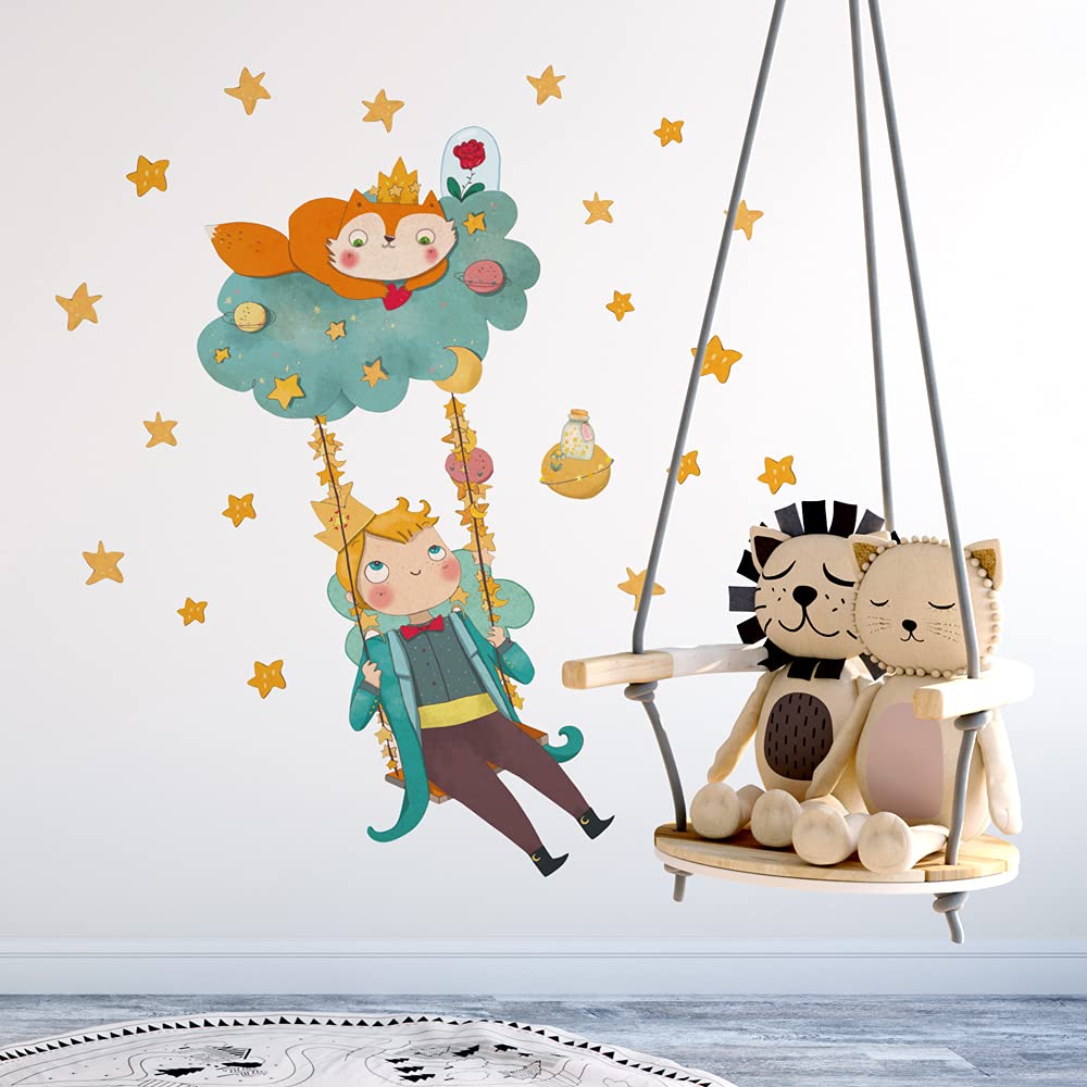 kina - Adesivo Murale Bambini Decorazione Parete Cameretta R00440 - Eco-Tessuto, Ecologico Anallergico, Riposizionabile, Effetto Carezza, Asilo Nido - Grafica Piccolo Principe e Misura 100x30 cm
