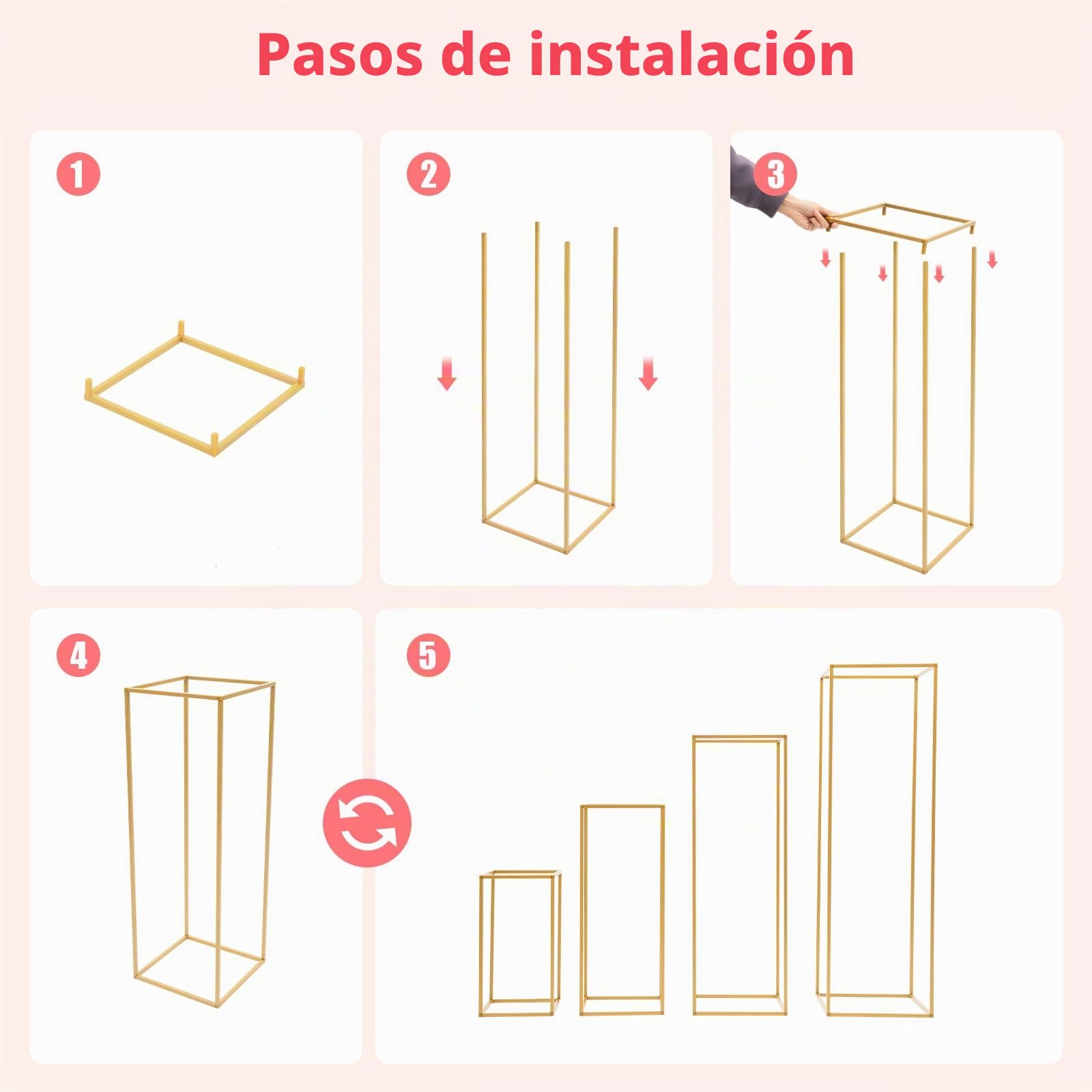 Soporte de metal dorado para flores, jarrón de suelo con plomo, para bodas, floreros de suelo, soporte para columnas, metal, boda, calle (4 unidades)