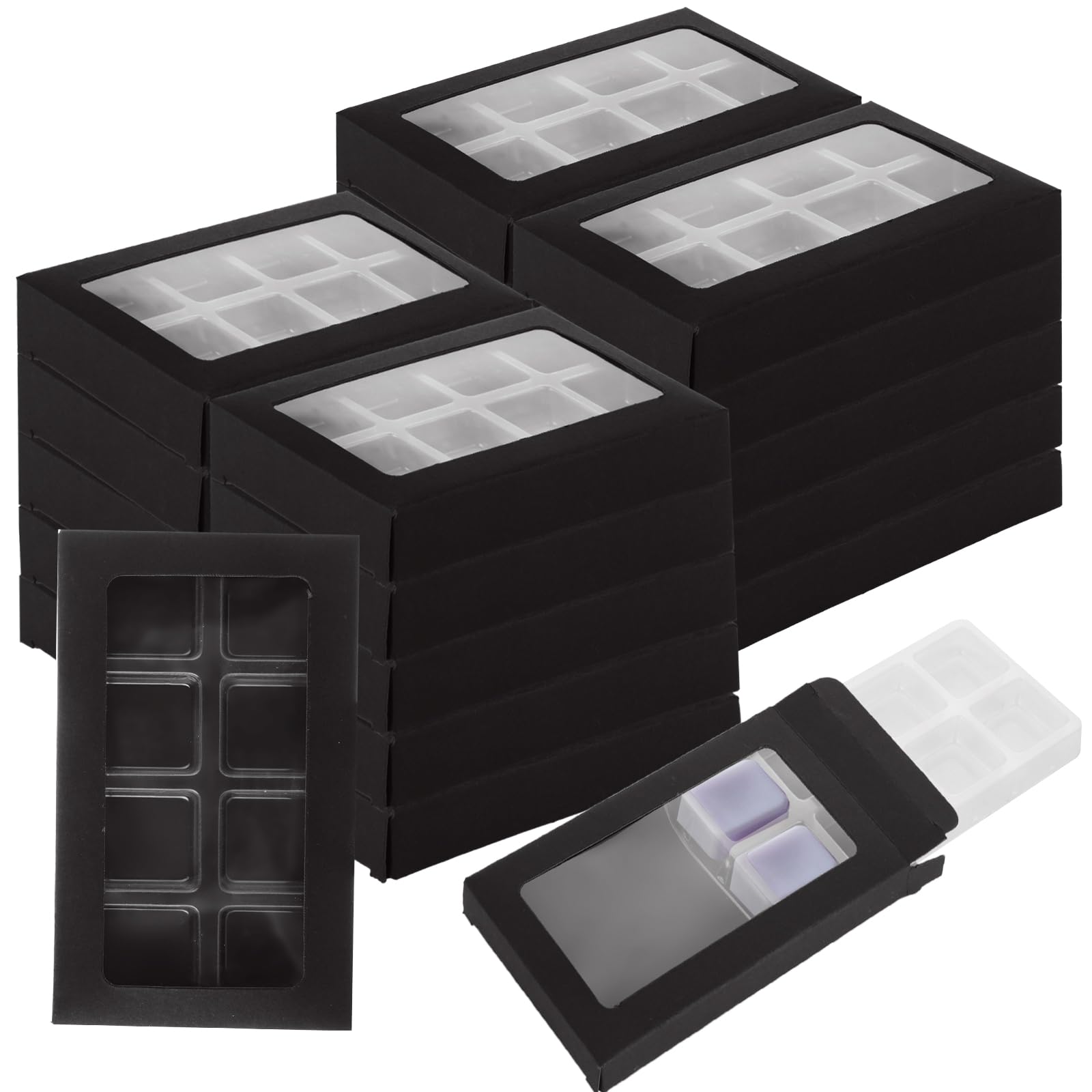 Photo 1 of WOPPLXY 60 Pcs Gift Boxes for Wax Melts, Plastic Mold with Box, Wax Melt Boxes Crystal, Clear Wax Melt Molds, Wax Melts Containers for Wax Cubes Wax Tarts Wax Block (8 Cavity, Black)