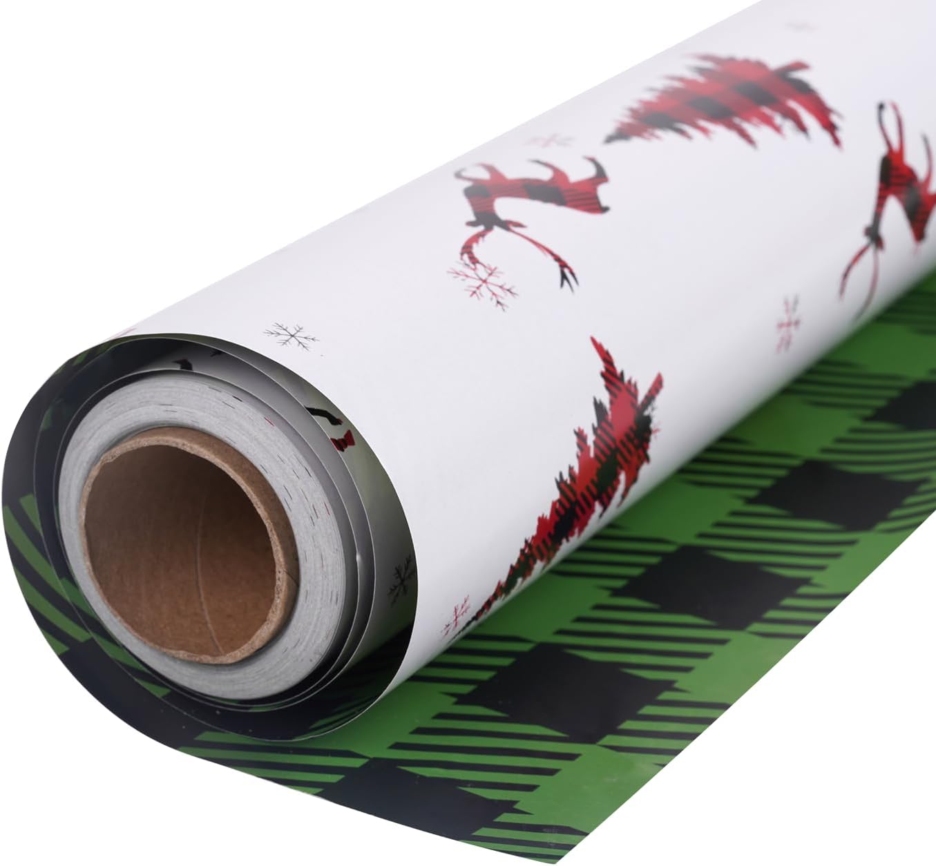 Linelglobal Christmas Wrapping Paper Long Roll Vantage Christmas Tree, Reversible Roll Two Side Wrapping Paper 30x390 Inch - Deer Plaid Deer Plaid (30x390 Inch)