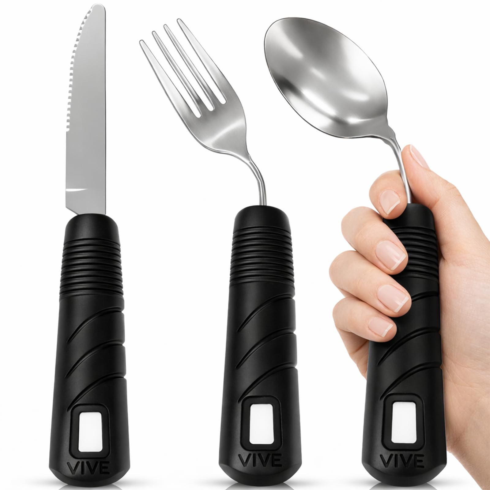 Vive Adaptive Utensil Set - Arthritis Aid Silverware for Parkinsons, Hand Tremors - Easy Grip for Shaking and Trembling Hands - Heavy Stainless Steel