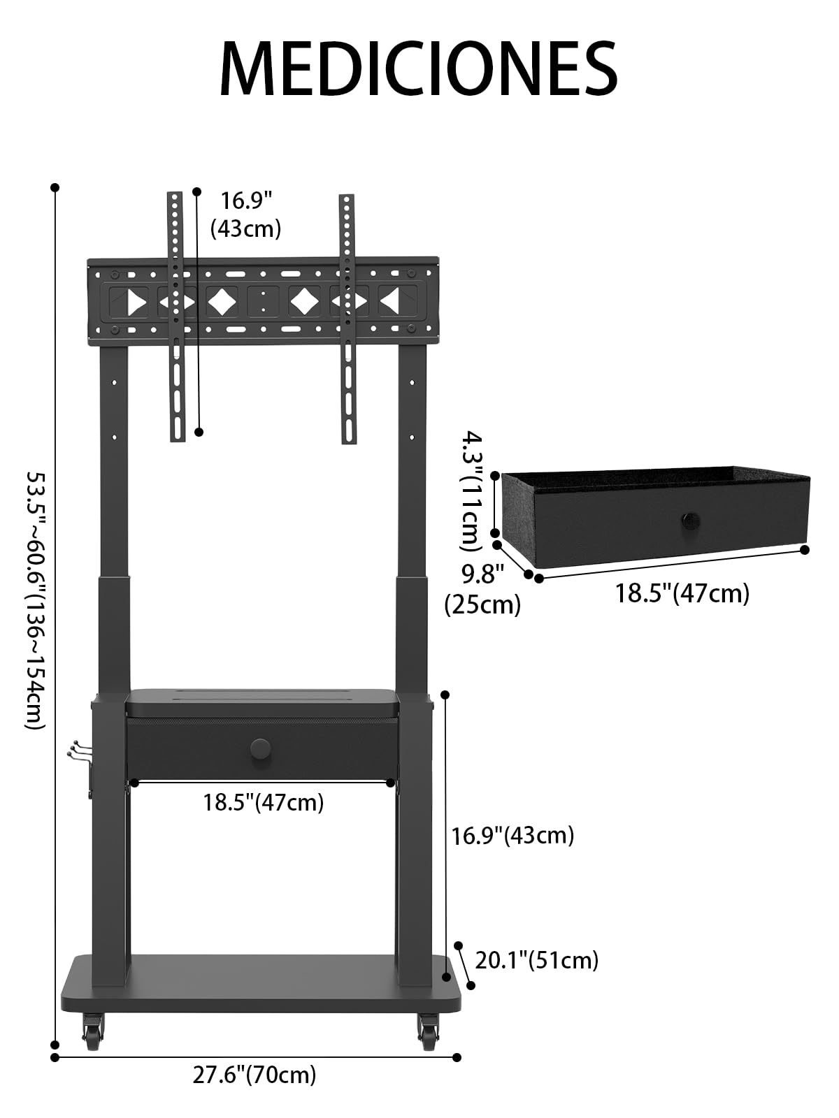 Soporte de TV rodante con cajón de Tela para Pantalla Plana/Curvada de 32-75" de hasta 220 Libras LCD/LED/OLED, Altura Ajustable, Carrito de TV móvil con Ruedas para Oficina en casa al Aire, Negro