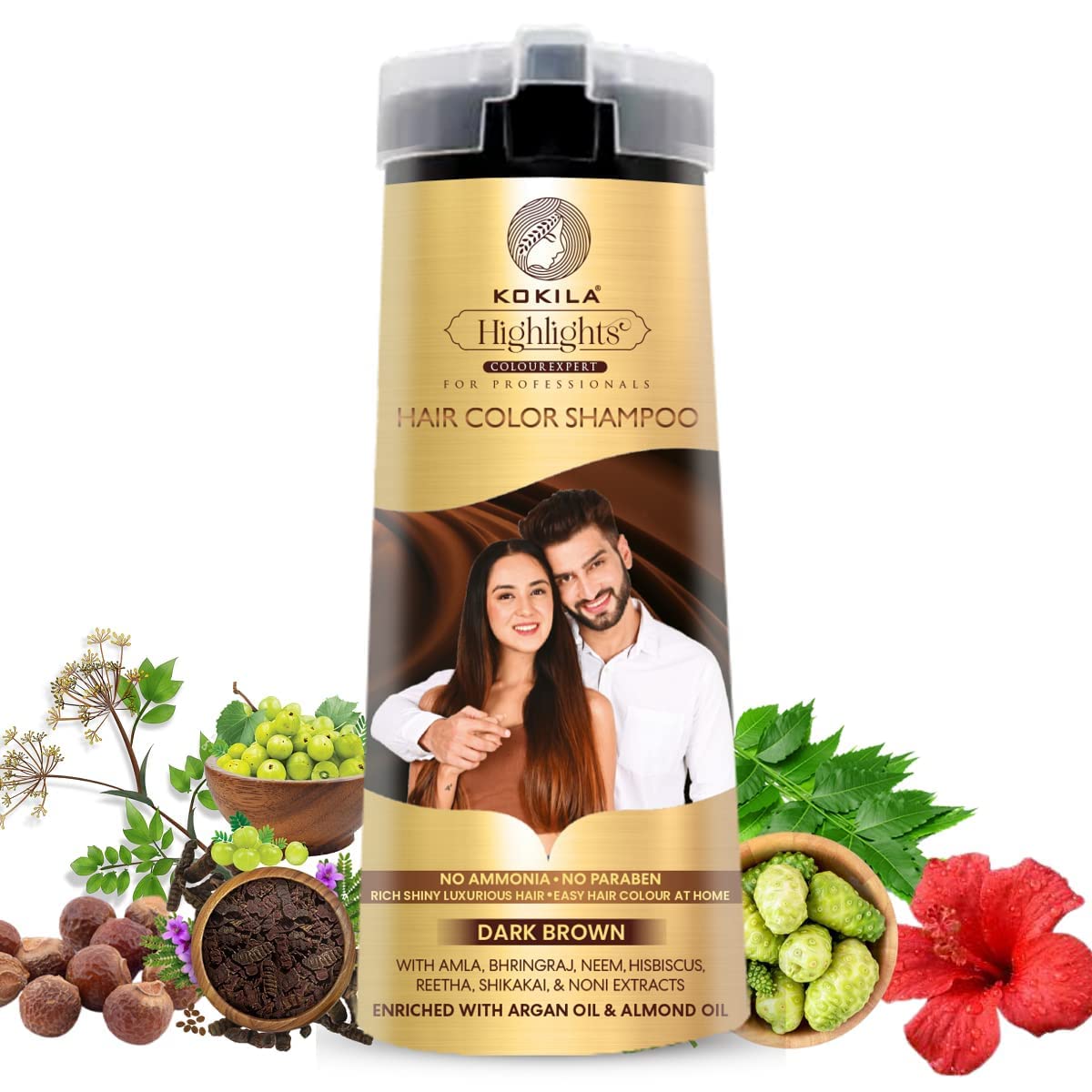 Kokila Hair Color Shampoo for Men & Women | No Ammonia - No Paraben | 10 Pair Free Gloves, Dark Brown 200Ml