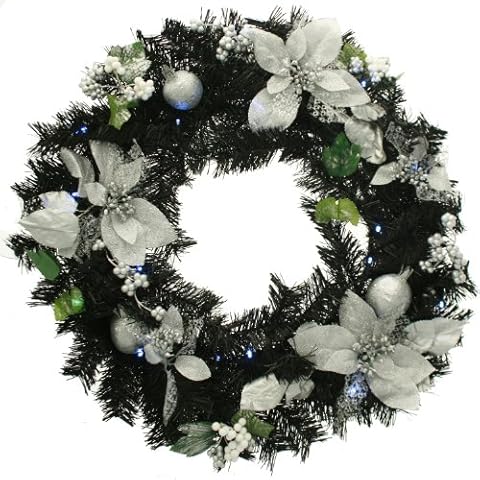 WeRChristmas Pre-Lit Black/Silver Wreath with LED Lights Cover