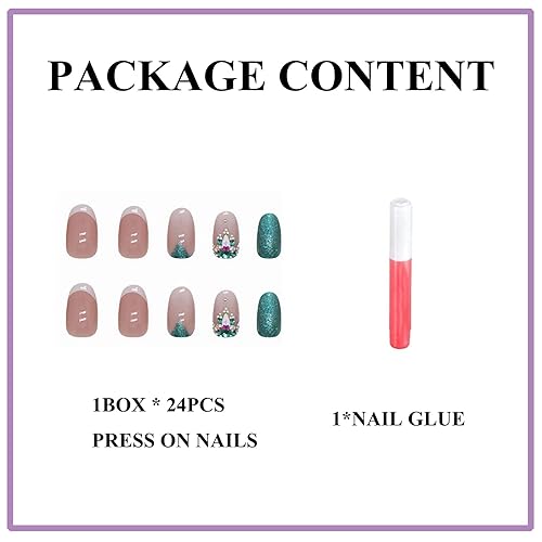 Miniatura 3 de MERVF Uñas postizas redondas a presión con punta francesa blanca media, uñas postizas ovaladas con pegamento con diseño de diamantes de imitación,