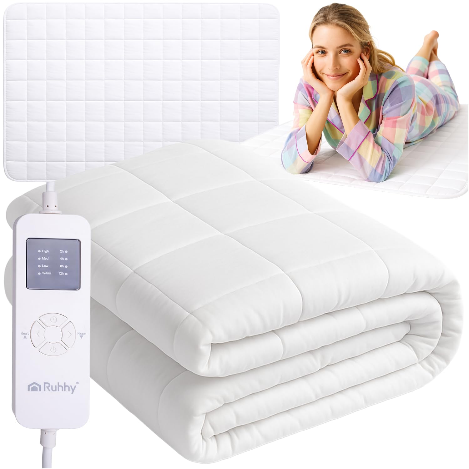 Elektrische Matratzenauflage (Heizunterbett) 9 Heizstufen & Timer (2/4/8/12 h), abnehmbares Kabel, waschbar 30 °C, Überhitzungsschutz, Spannbänder – RUHHY (190 x 80)