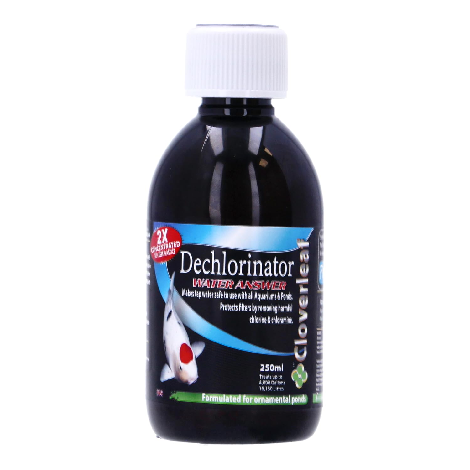 Cloverleaf Dechlorinator Water Answer Pond Treatment, Removes Chlorine & Chloramine, Tap Water Conditioner for Koi & Pond Fish (250ml)