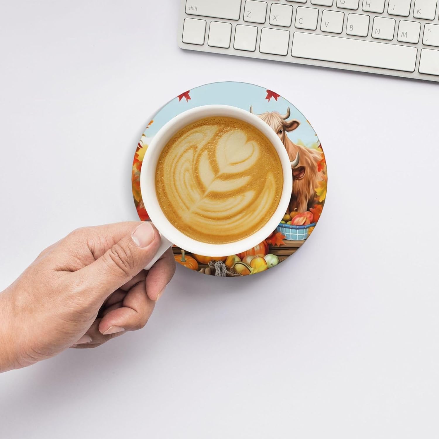 (Highland Cow) Ceramic Coasters Set of 6 with Holder Non-Slip Round Coffee Coasters for for Cup Mug Drink Patio Coffee Table Decor, Christmas Coasters Home Bar Supplies