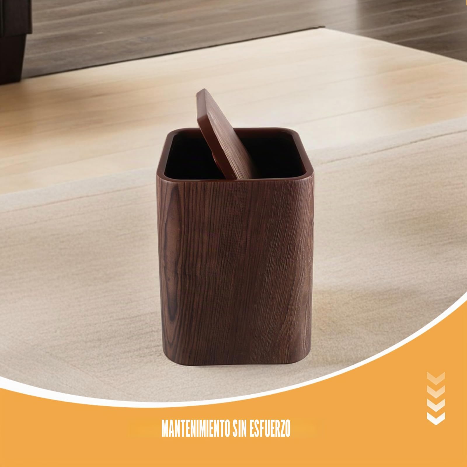 EXCEART Cubo de Basura Rectangular y Antivuelco con Tapa Abatible de Plástico Fácil Mantenimiento y Diseño Imitación Madera para Dormitorio y Oficina Elegante