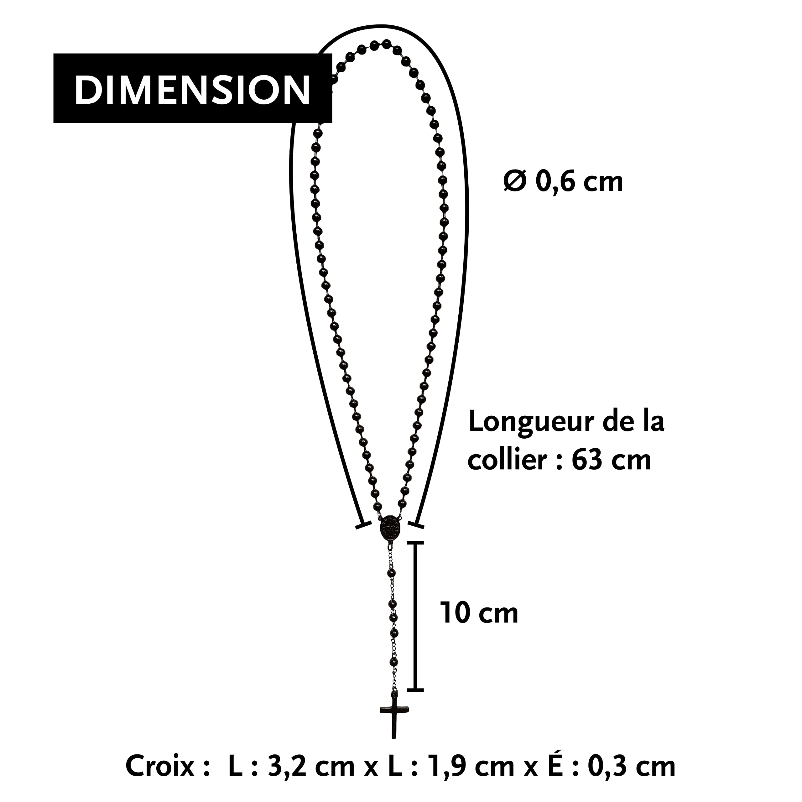DonDon Chapelet homme en acier inoxydable Noir 63 cm