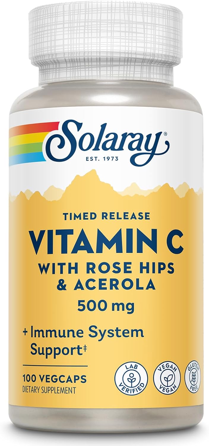 SOLARAY Vitamin C 500mg, Two-Stage Timed Release - Antioxidant and Immune Support Supplement - Vitamin C with Rose HIPS and Acerola, Vegan, Gluten Free, 60-Day Guarantee, 250 Servings, 250 VegCaps