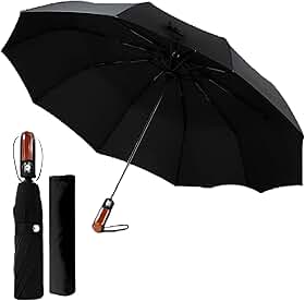 Guarda-Chuva Automático Dobrável Resistente ao Vento – Compacto e Portátil com Abertura e Fechamento Automáticos Cabo Amadeirado Elegante Sombrinha Premium Impermeável para Bolsa Mochila e Viagem