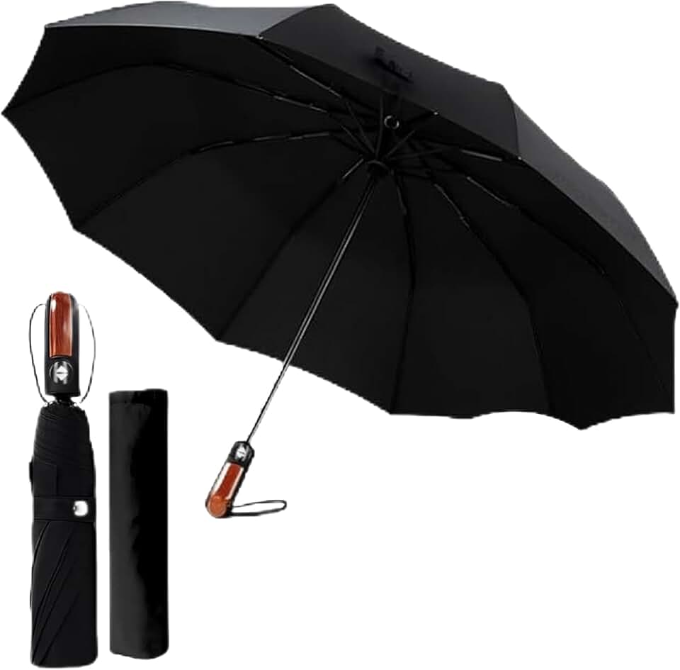 Guarda-Chuva Automático Dobrável Resistente ao Vento – Compacto e Portátil com Abertura e Fechamento Automáticos Cabo Amadeirado Elegante Sombrinha Premium Impermeável para Bolsa Mochila e Viagem