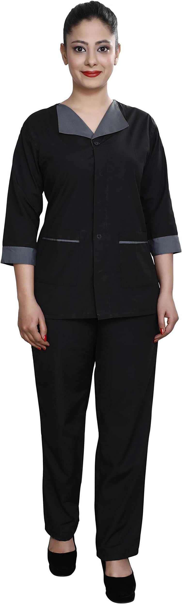 FABUNIFORMS Women Spa Salon, Hotel Staff, Female Support Staff Uniform Set (Top Bottom) Black-Grey Size