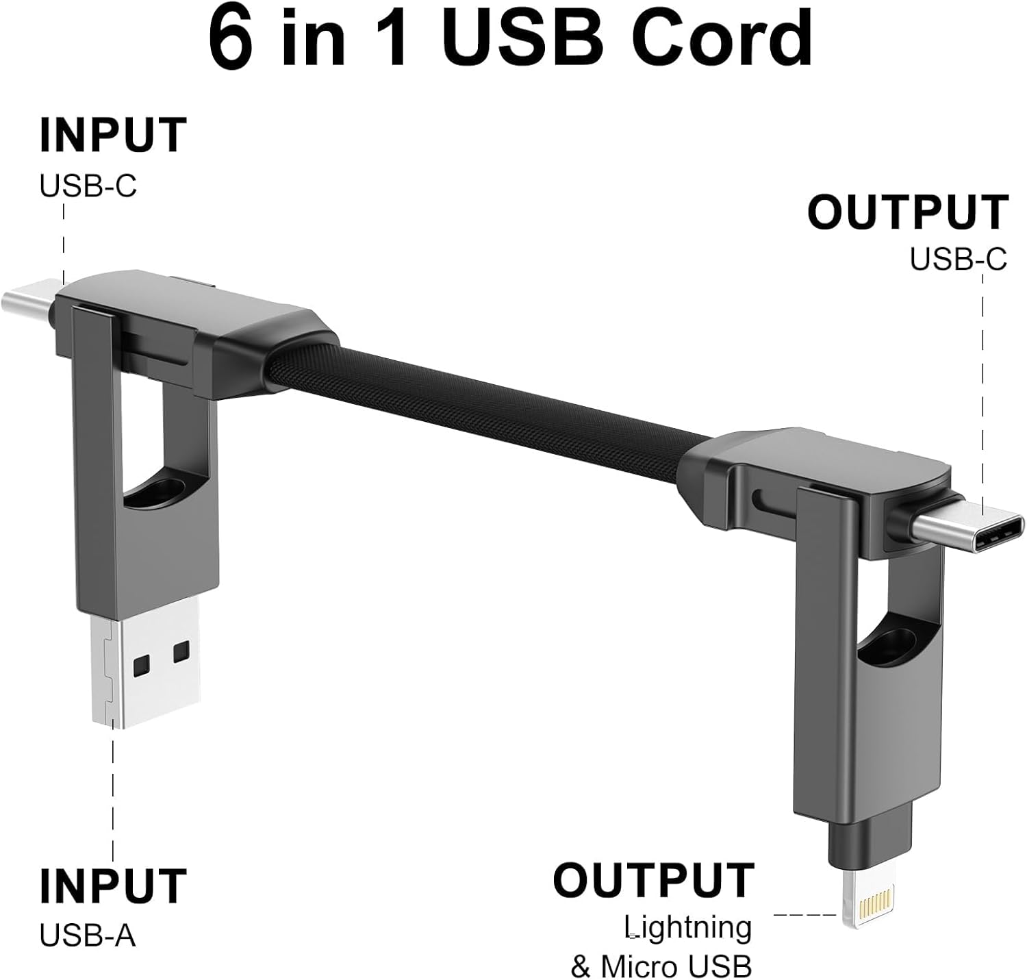 CHAFON 6 in 1ALL IN CHARGER Gray Multi Charging Cable USB Type-C Type-A Fast Charge Transfer Short