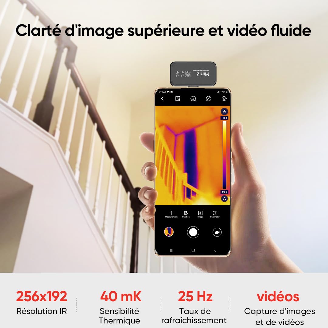 HIKMICRO Mini2 Caméra thermique Android, résolution IR 256 x 192, caméra thermique, fréquence de rafraîchissement 25Hz, angle de vue 50°, 49 152 pixels, -20°C à 350°C, USB-C(pas pour iphone).
