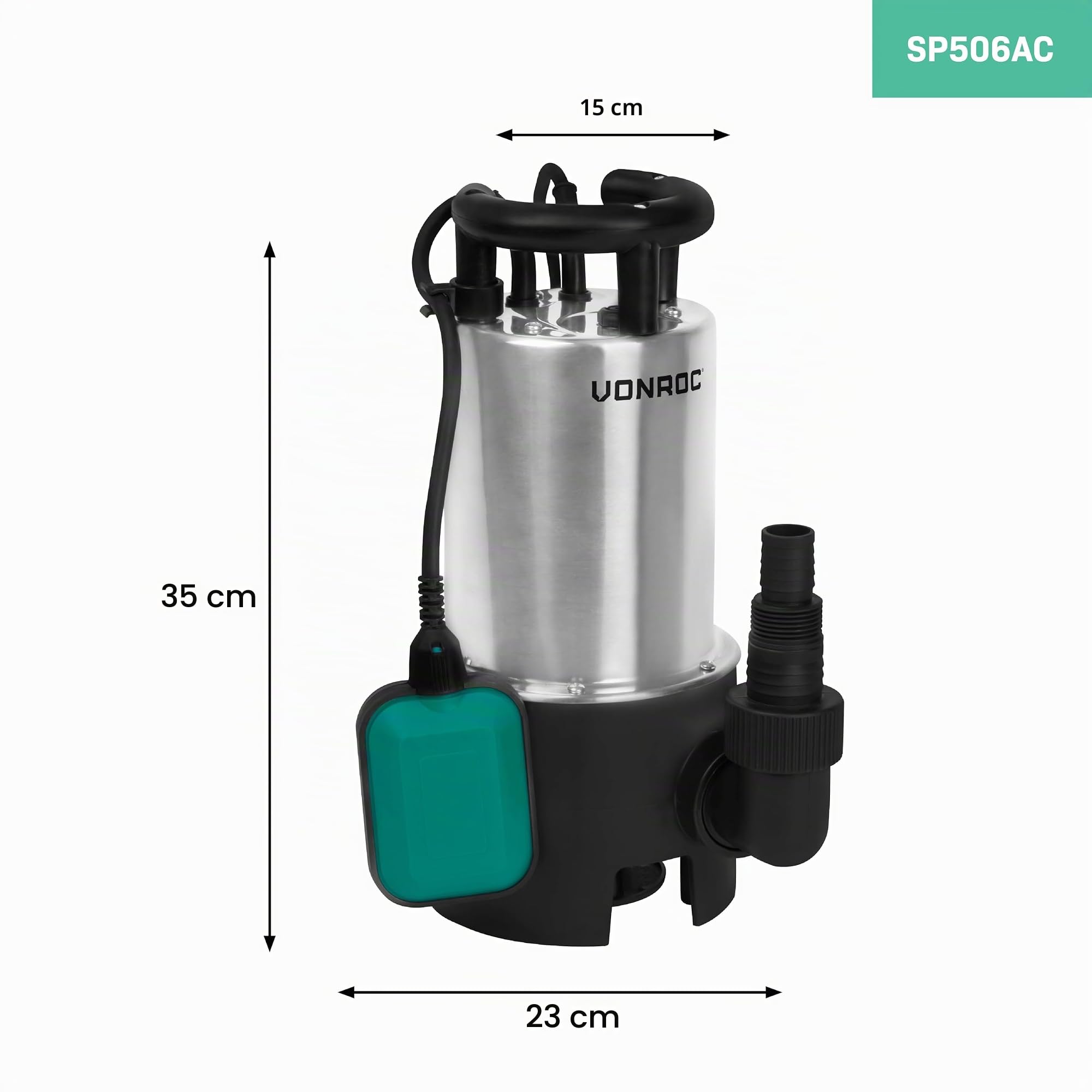 VONROC Bomba Sumergible 1100W para Aguas Sucias con Flotador Automático | 20000 l/h, partículas 25 mm, descarga 9 m, IPX8, acero inoxidable, cable 10 m, uso en sótanos piscinas garajes