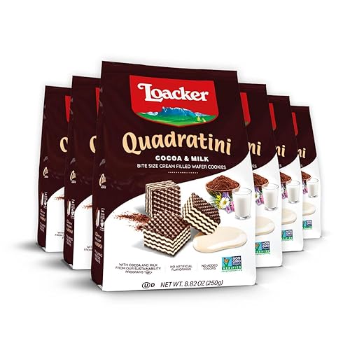 Loacker Quadratini Galletas de oblea de cacao y leche, paquete pequeño de 6, obleas crujientes con 4 capas cremosas de mejor relleno de crema de