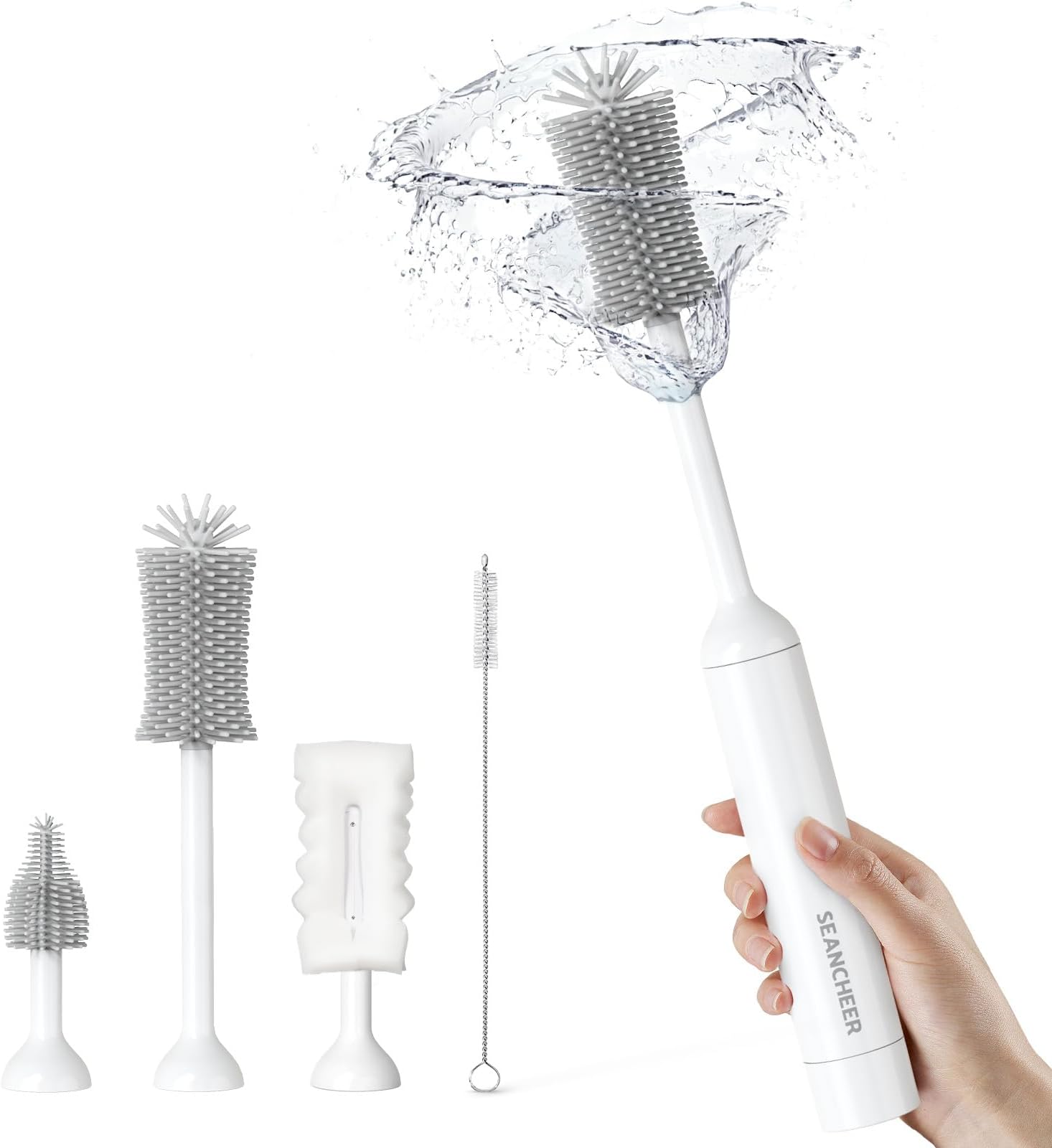 SEANCHEER S02 Electric Bottle Brush Set, Portable Baby Bottle Brush Cleaner, AA Battery-Powered & IPX7 Waterproof, with Silicone Bottle/Nipple/Sponge/Straw Brush, for New Parents (Extra-Long)