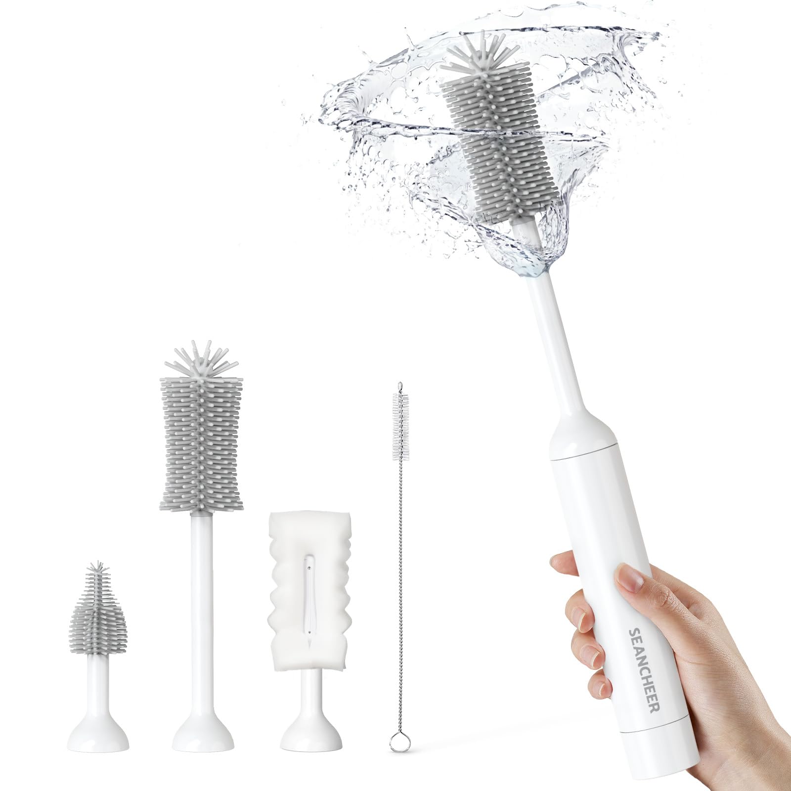 SEANCHEER S02 Electric Bottle Brush Set, Portable Baby Bottle Brush Cleaner, AA Battery-Powered & IPX7 Waterproof, with Silicone Bottle/Nipple/Sponge/Straw Brush, for New Parents (Extra-Long)