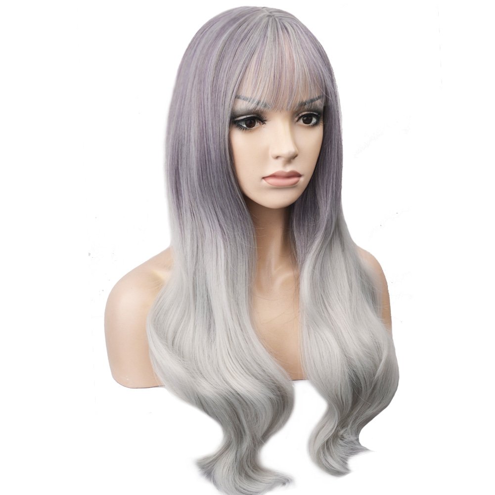 BERON Long Wavy Dark Roots Ombre Silvery Grey Wigs with Bangs