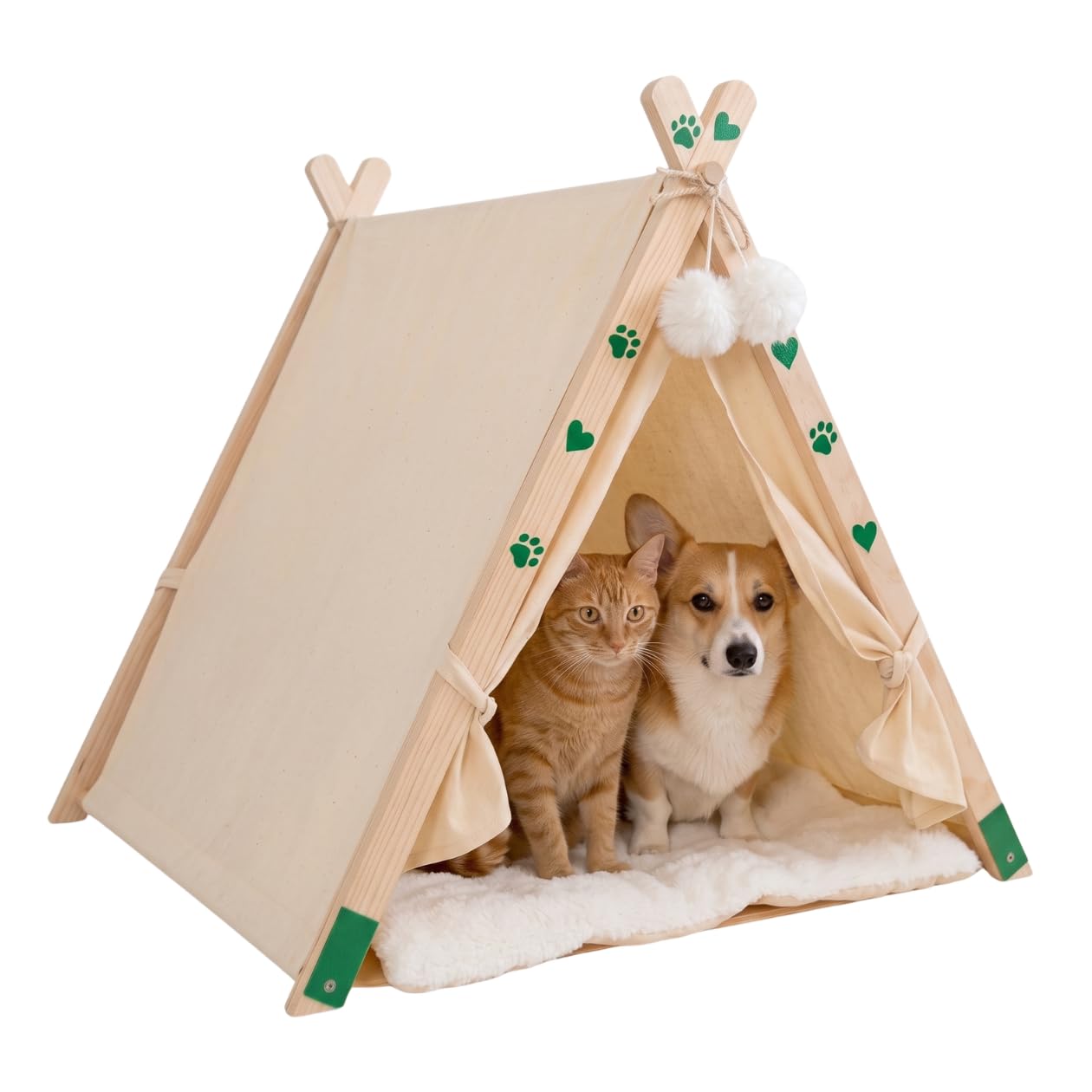 Tipi Lit pour chats et petits chiens – Grotte en bois massif, coton et lin respirant, niche igloo d'intérieur pour animaux de compagnie, chiots, berceau de voyage pliable et portable avec coussin