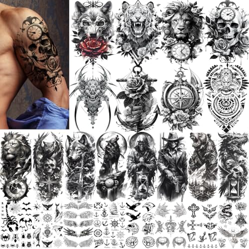 Image of Aresvns 24 Sheets Black 3D Half Sleeve Temporary Tattoos for Men Women
