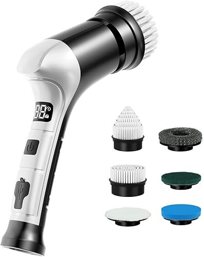 Limpiador eléctrico giratorio, cepillo de limpieza inalámbrico para el hogar con 6 cabezales reemplazables, 3 velocidades, pantalla LED, limpiador