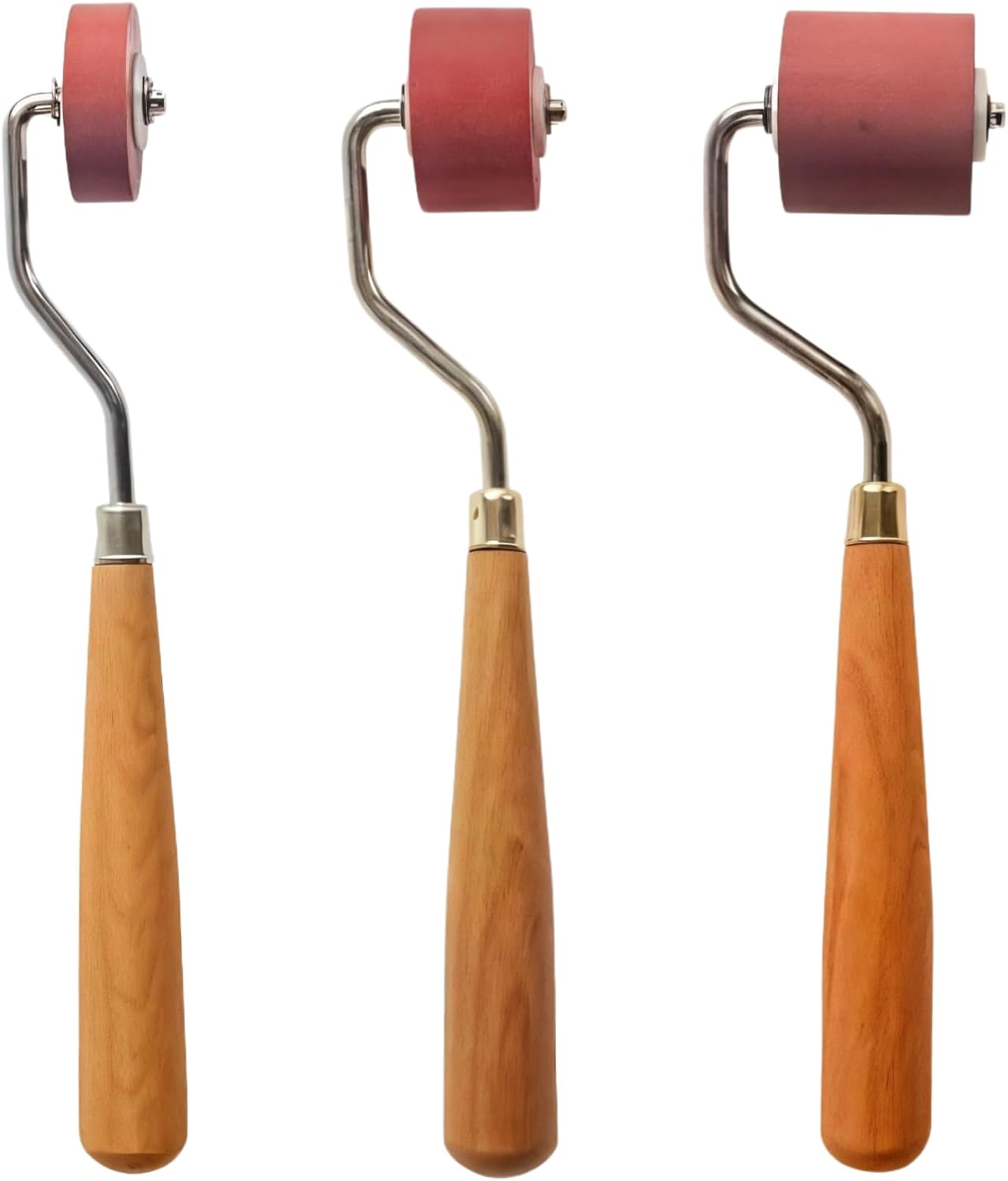 3-Piece Ink Roller Set For Printmaking (0.39, 0.79, 1.18 Width), Wooden Handles, Professional Crafting Tools