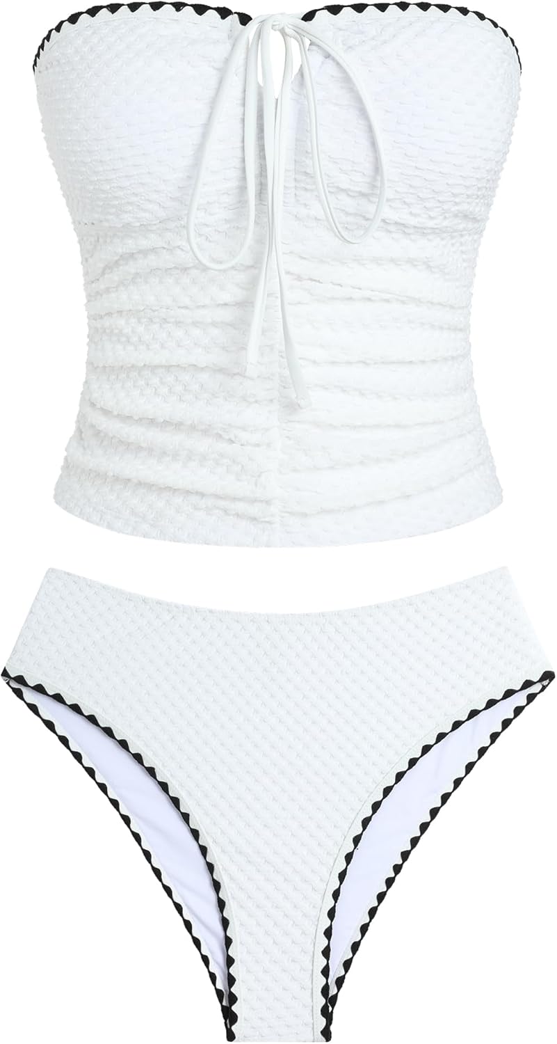 ZAFUL Women's Bandeau Tankini Swimsuit Asymmetrical Slit Bowknot String High Cut Fairyland Cheeky Bathing Suit - Image 3