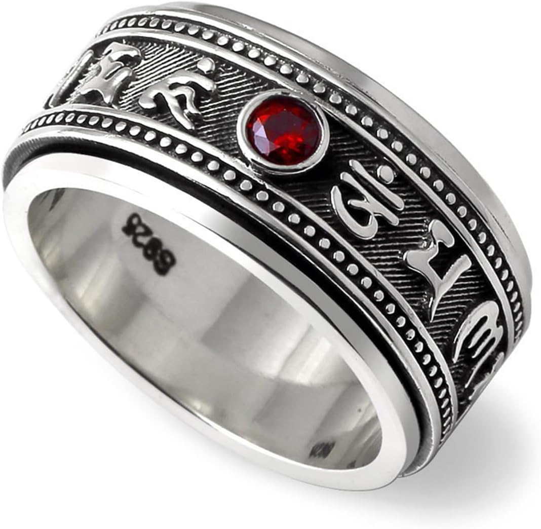 Feng Shui Ring, Tibetan Six Words Mantra Ring, S925 Stering Silver Engrave Cameo Rings Protection Amulet Wealth Lucky Love Jewelry for Men Women