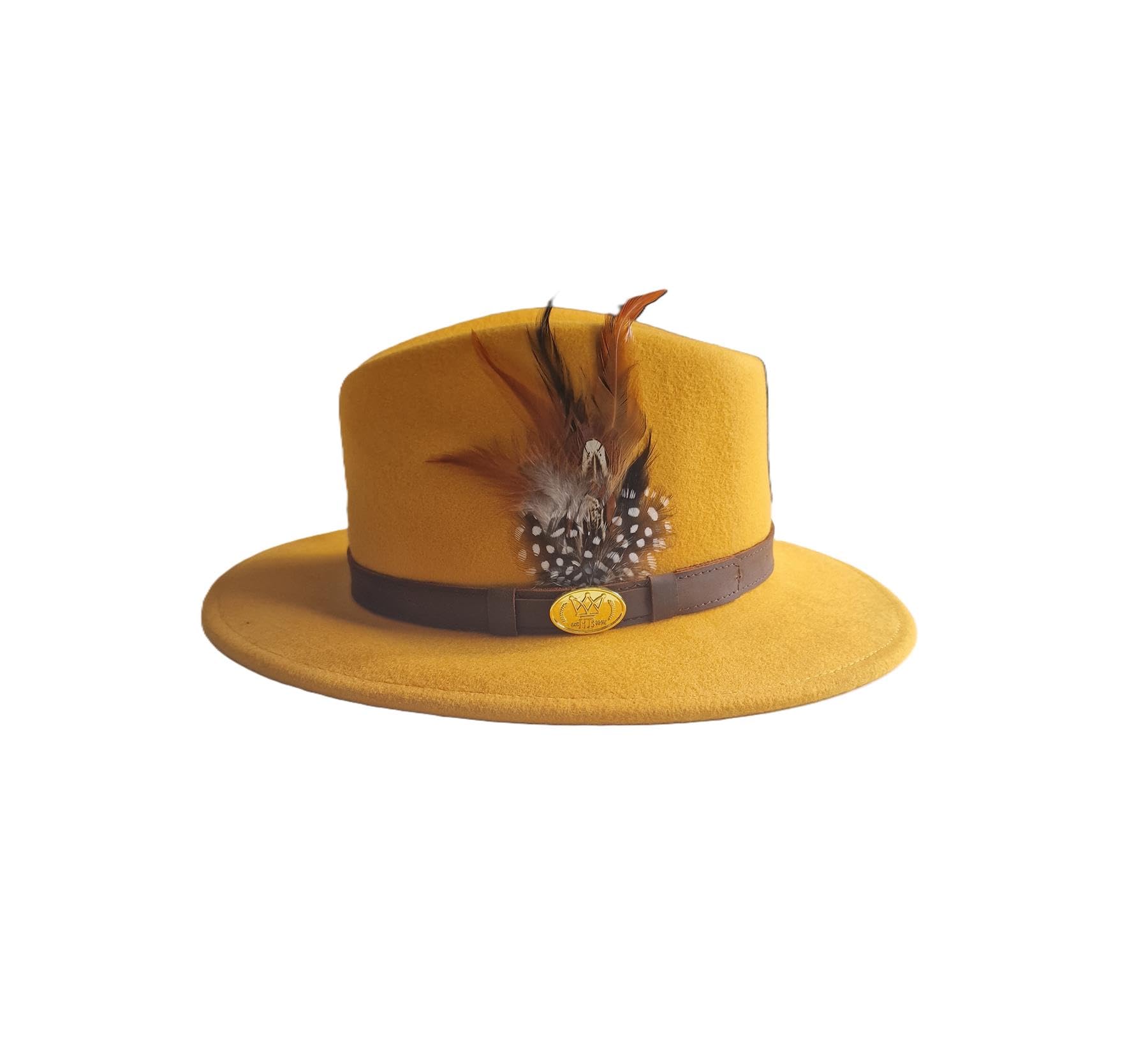 Hazy Blue Mens Ladies Fedora Wide Brim 100% Wool Blend Water Resistant Leather Band Felt Hat Pheasant Feather (UK, Alpha, M, Mustard)