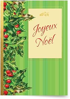 Designer Greetings French Language Christmas Cards, “Joyeux Noël” Holly Design (6 Cards with Envelopes / 6 cartes avec enveloppes)
