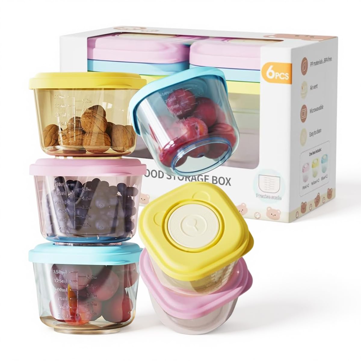 SNOWIE SOFT® Baby Food Containers - 5 oz Food and Snack Storage Jars with Sealing Lids, Safe and Durable, Freezer, Microwave and Dishwasher Safe-Multicolor-image-34