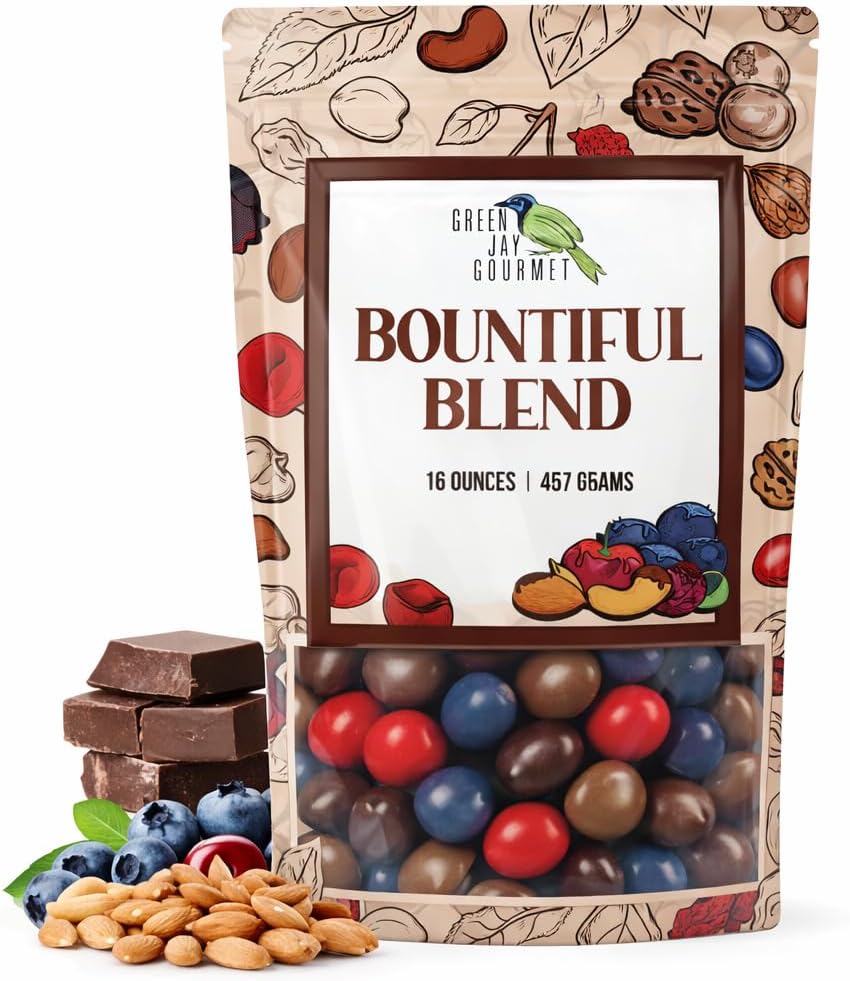 Green Jay Gourmet Chocolate Fruit & Nut Mix - Handmade & Fresh Milk Chocolate Covered Nuts, Cherries, and Blueberries - Great Gift for Chocolate Lovers - 16 Ounce Resealable Bag