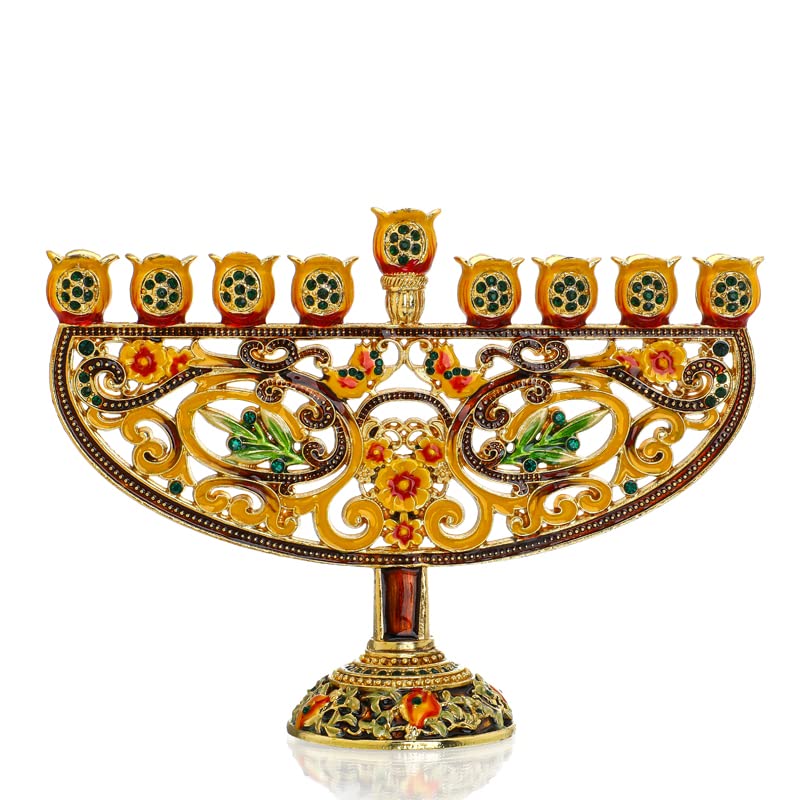 YU FENG Vintage Flower Menorah Candle Holder 9 Branch Rhinestones Jeweled Jewish Hanukkah Enamel Menorah Ornament
