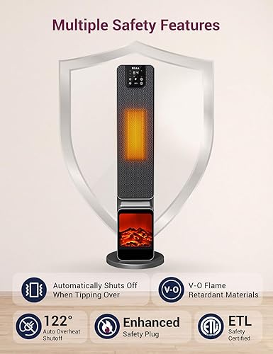 Miniatura 5 de DELLA Calentador eléctrico portátil de cerámica PTC de 26 pulgadas y 1500 W con llama 3D y sonido crepitante de fuego, 3 modos, ecológico con
