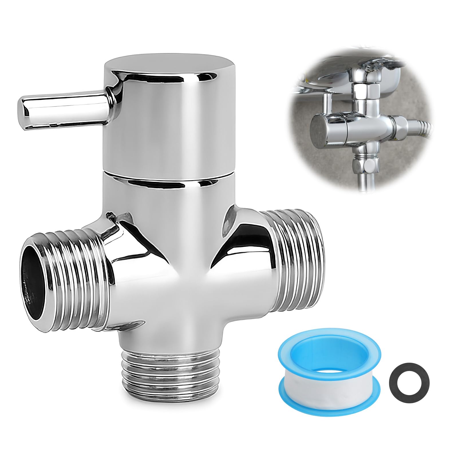 3-drożny zawór przełączający do prysznica G1/2 T-Adapter z masywnego mosiądzu, chromowany, z ceramiczną uszczelką, bez wycieku, uniwersalny, kompatybilny z taśmą uszczelniającą, rozdzielacz wody do